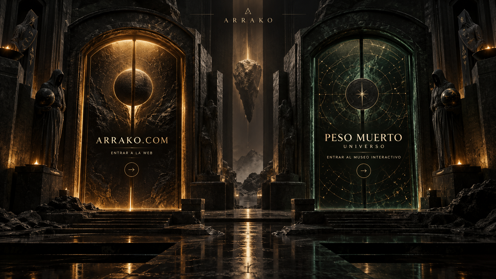 Dos puertas monumentales de piedra negra, iluminadas en ámbar y jade; izquierda ARRAKO.COM y derecha Peso Muerto Universo